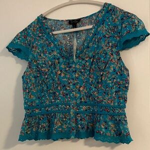 Jessica Simpson boho Teal Floral crop peplum Blouse with Lace trim large NWT